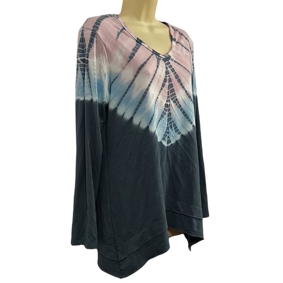 Green Tea Blue & Pink Tie Dye Knit Tunic Top Woman Size Medium V-Neck - Picture 2 of 9